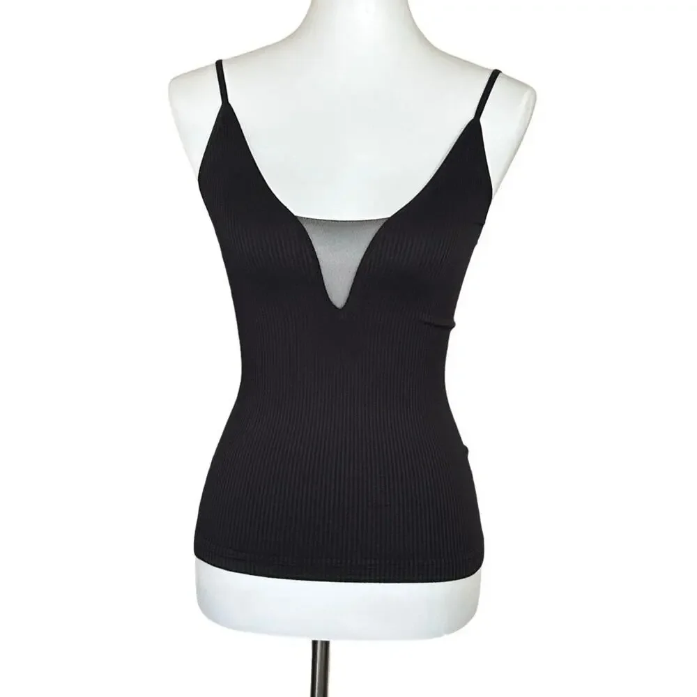Free People Keep It Sleek Cami Ribbed Plunging V Mesh Top, Black XS/S